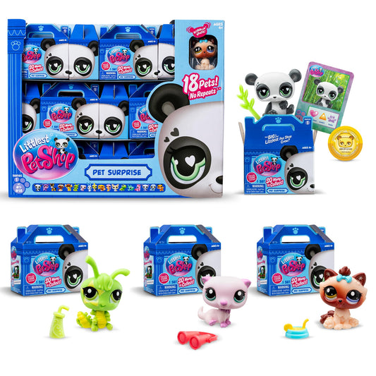 Littlest Pet Shop Gen 7 display with 18 collector pets and mystery boxes for immersive play.