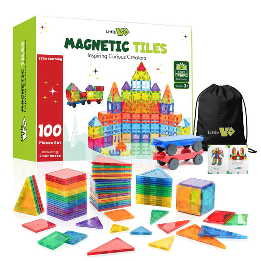 Little Vo magnetic tiles arranged in a colorful grid for creative play and early geometry exploration.