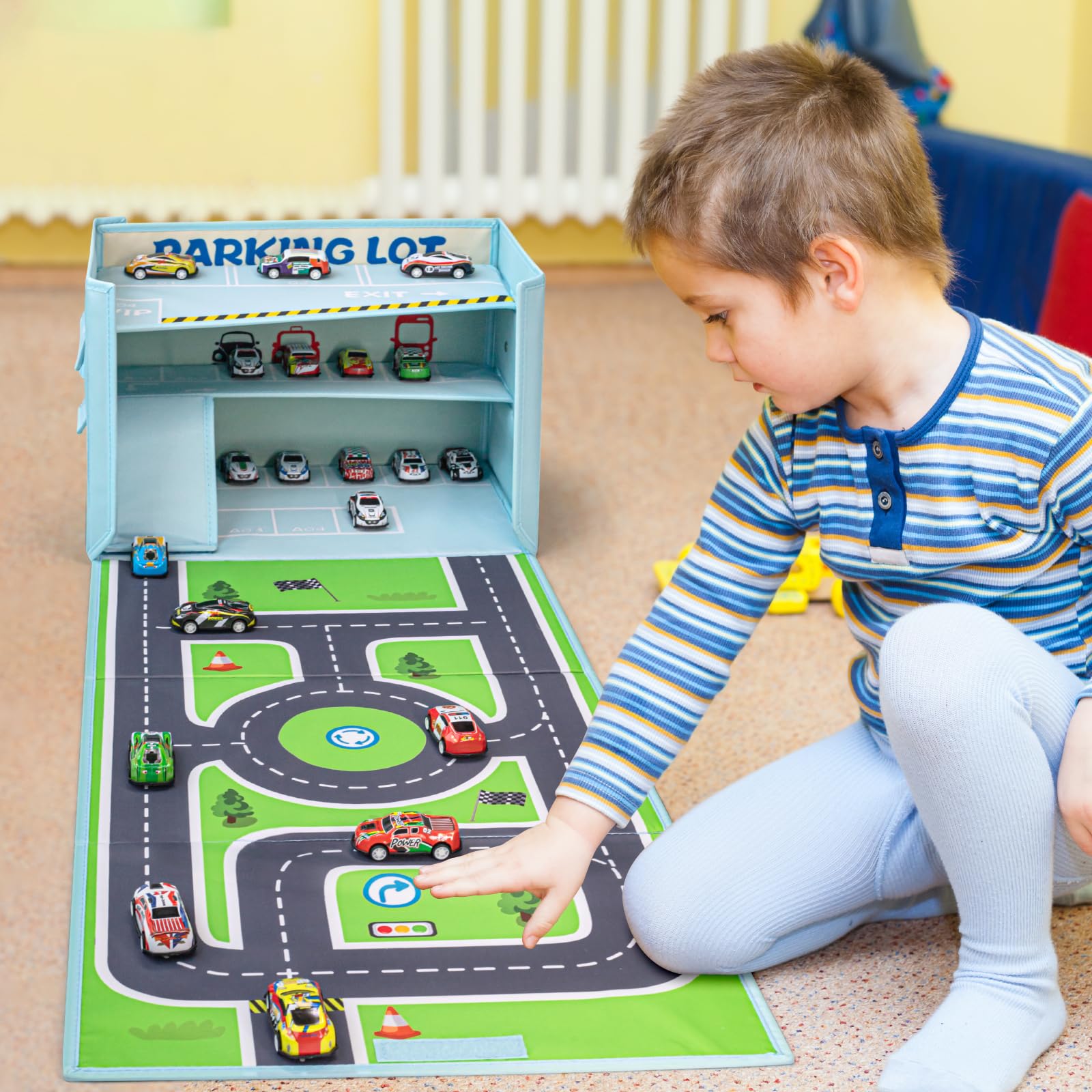 Livememory toy car garage box materials: polyester fabric and cardboard core