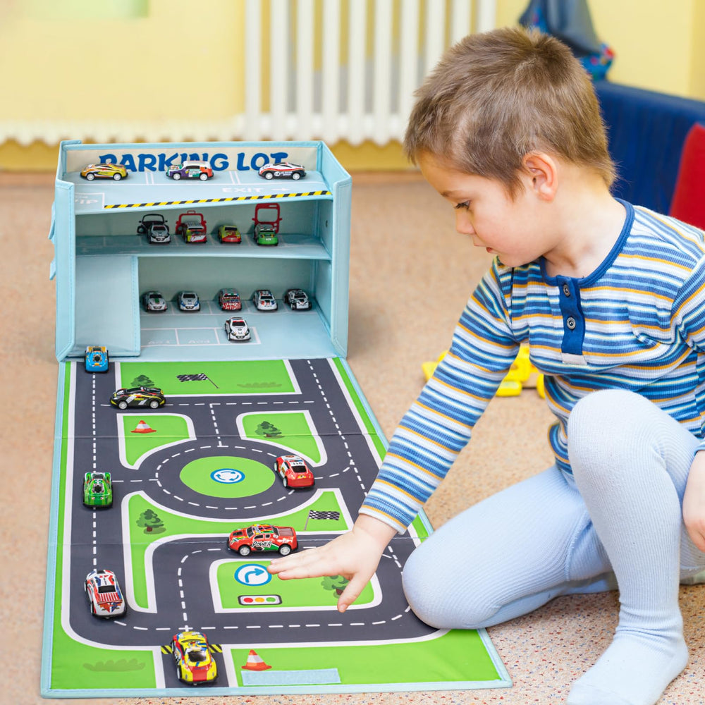 Livememory toy car garage box materials: polyester fabric and cardboard core