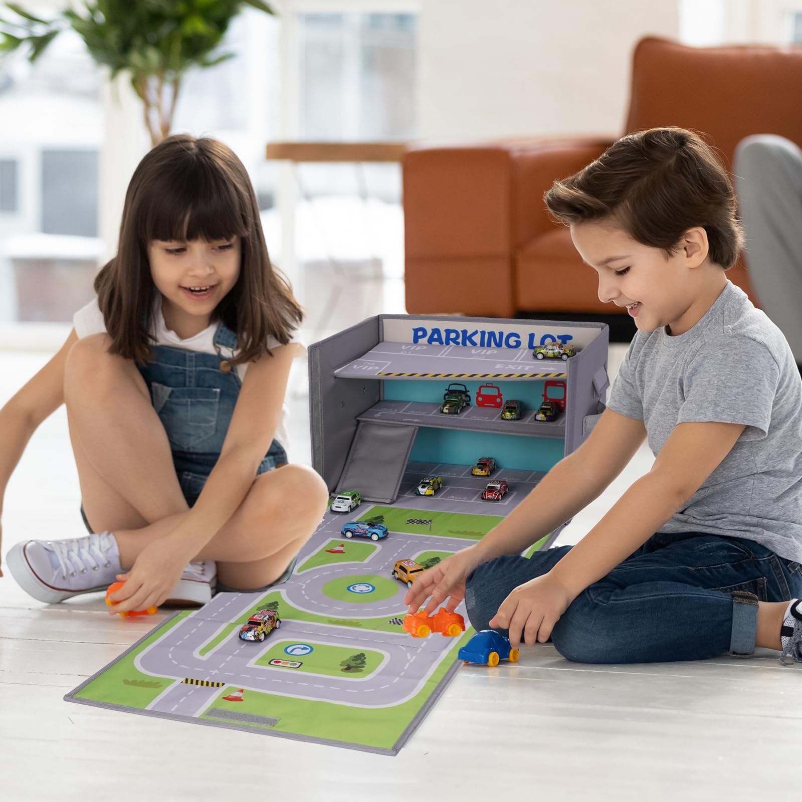 Livememory Toy Car Garage Box unfoldable play mat offers extra room for imagination.