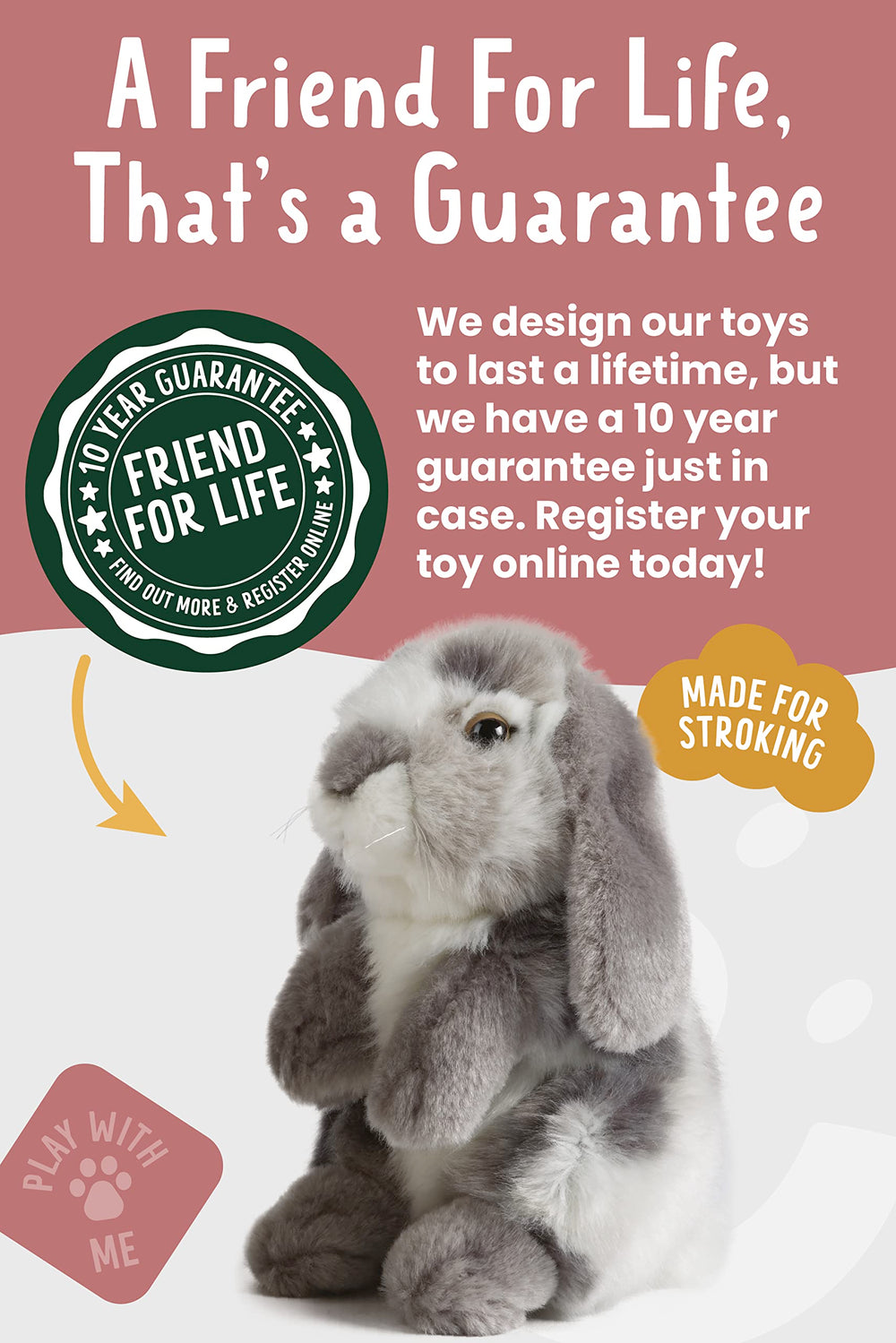 Living Nature full grey rabbit plush, ideal as a gift.