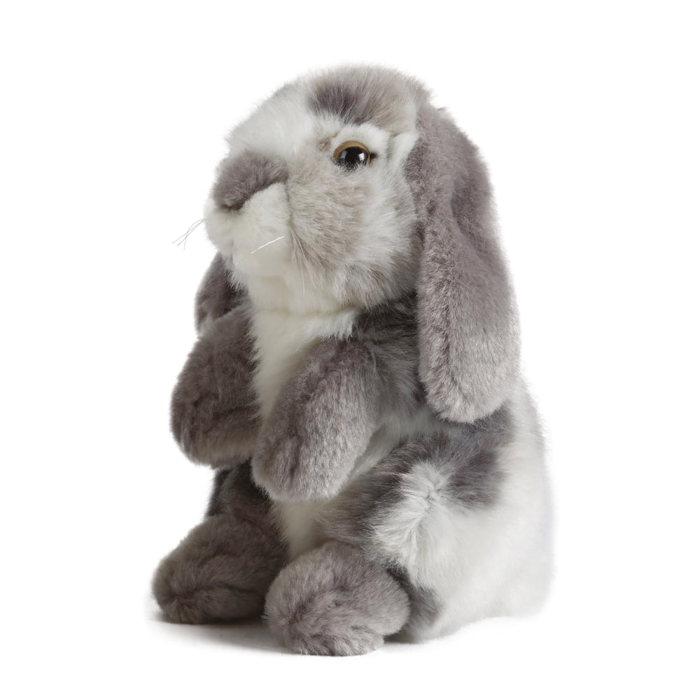 Living Nature grey sitting lop-eared rabbit plush, kid-friendly cuddly companion.