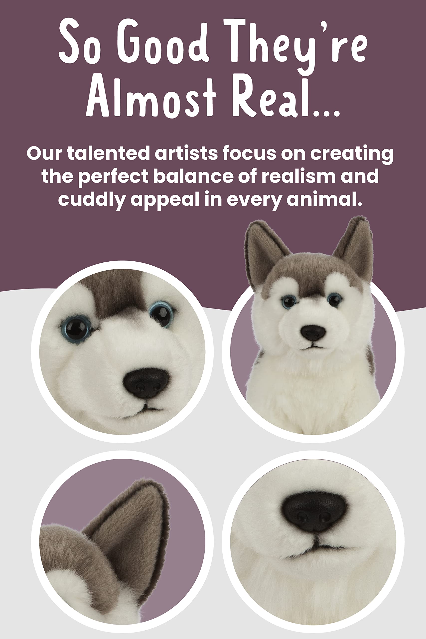 Living Nature Husky fur pattern highlights grey and white design for realistic toy.