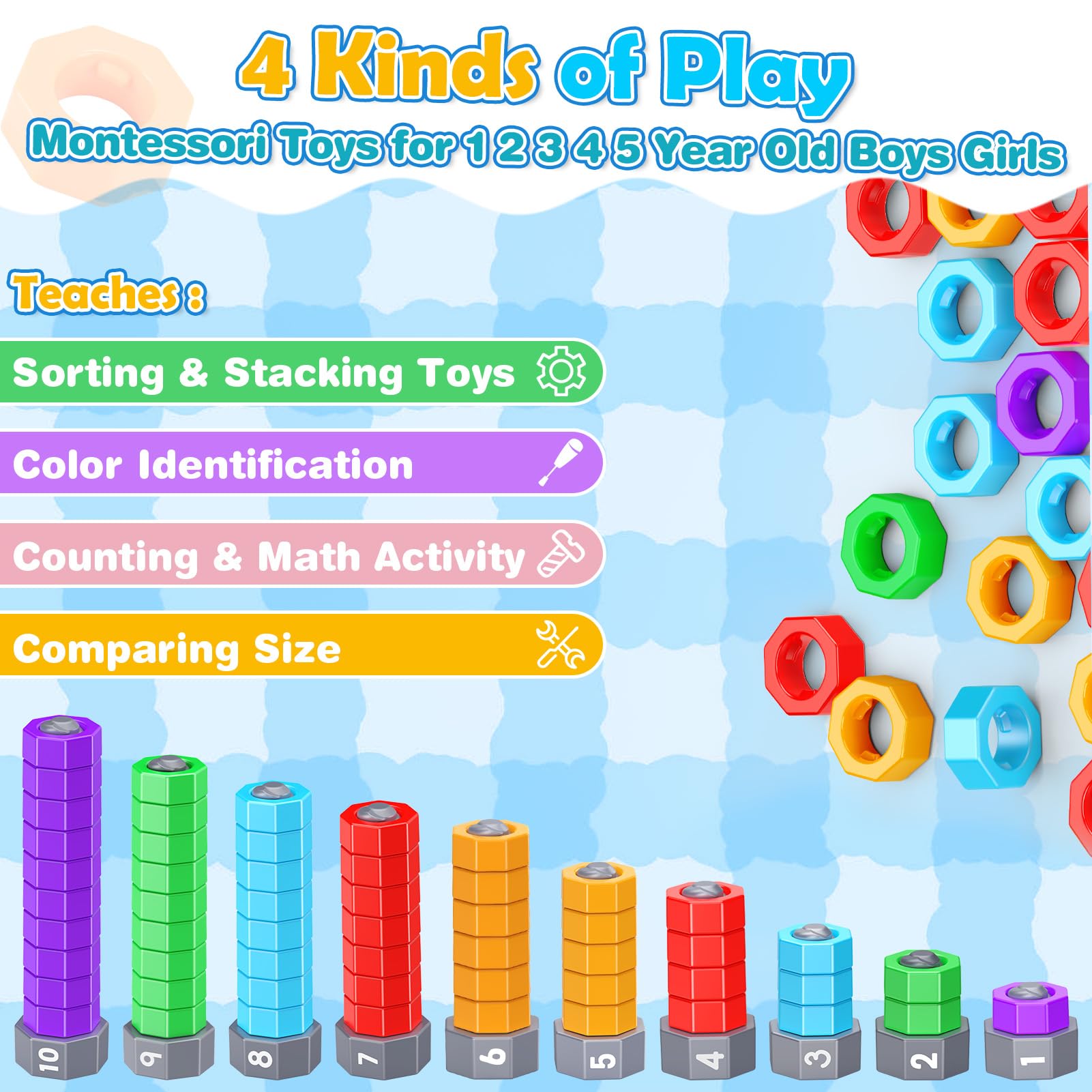 LIWIN LET'S GO! Colorful counting blocks support color recognition and sequencing.