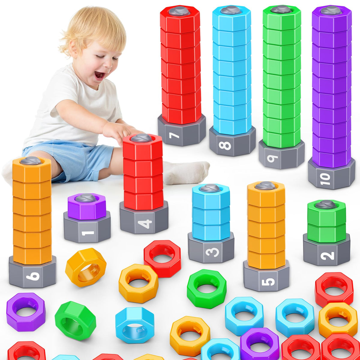 LIWIN LET'S GO! Counting and stacking bolts and nuts for early math practice.