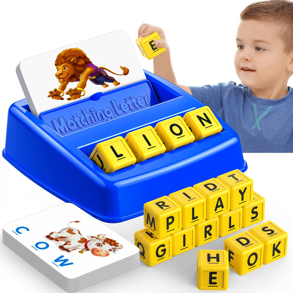 LIWIN LET'S GO letter cubes arranged for a matching game to boost memory and early literacy.
