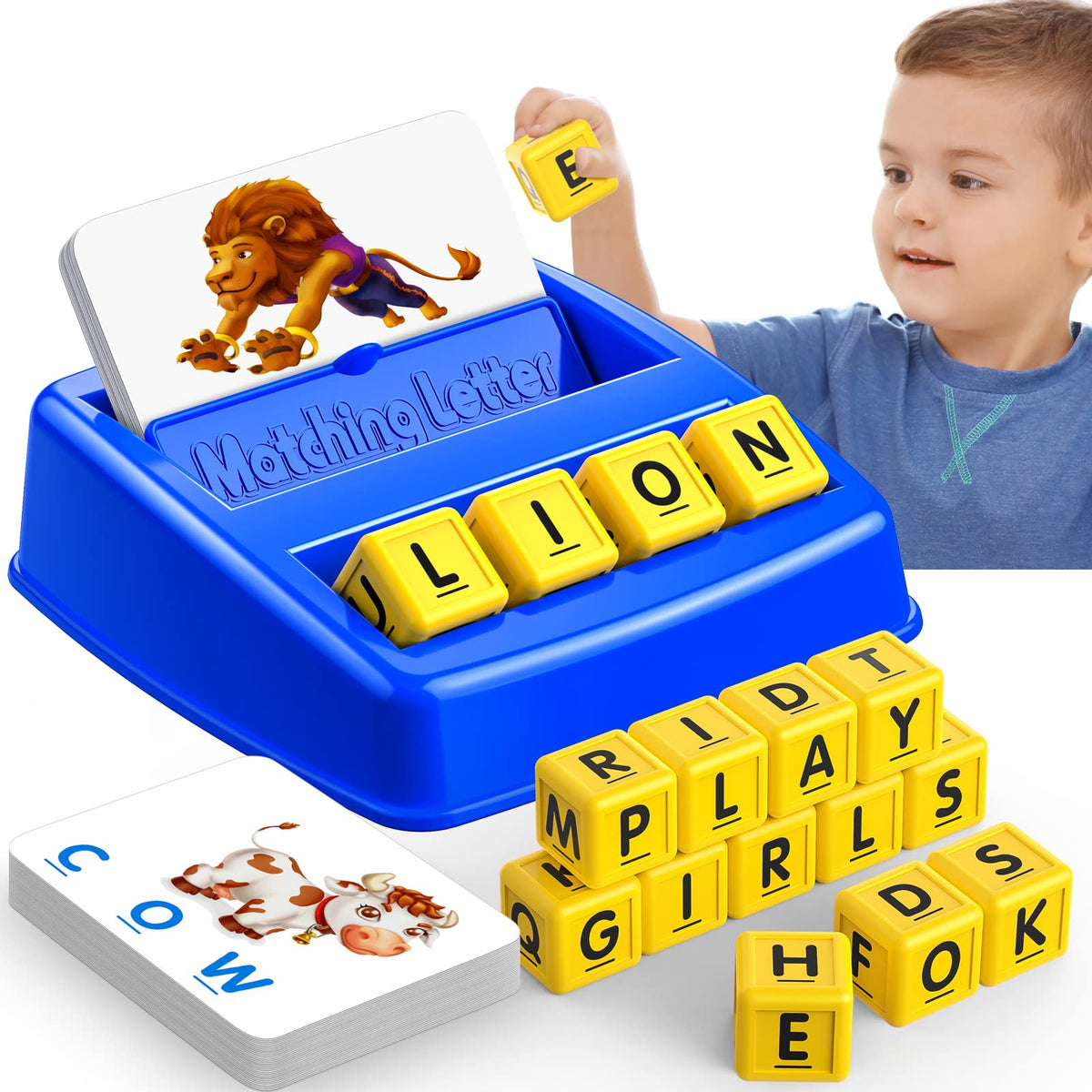 LIWIN LET'S GO letter cubes arranged for a matching game to boost memory and early literacy.