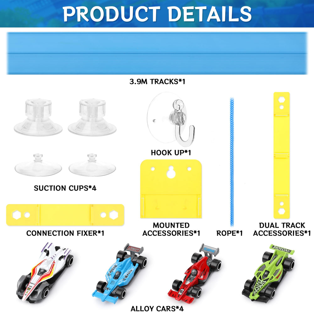 Liyauui flexible race track shown with four 1/64-scale diecast cars for play.