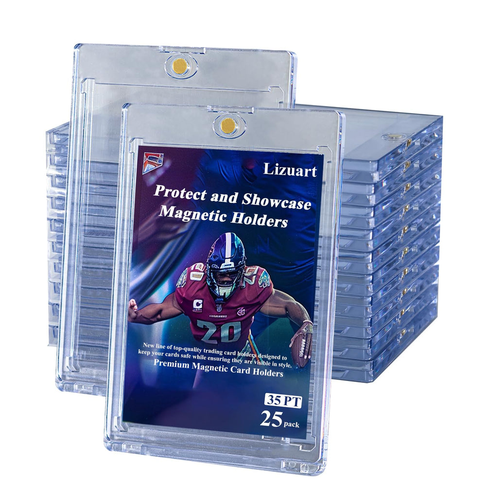 Lizuart magnetic card holder with secure-closure showcases 2.5 by 3.5 inch cards safely