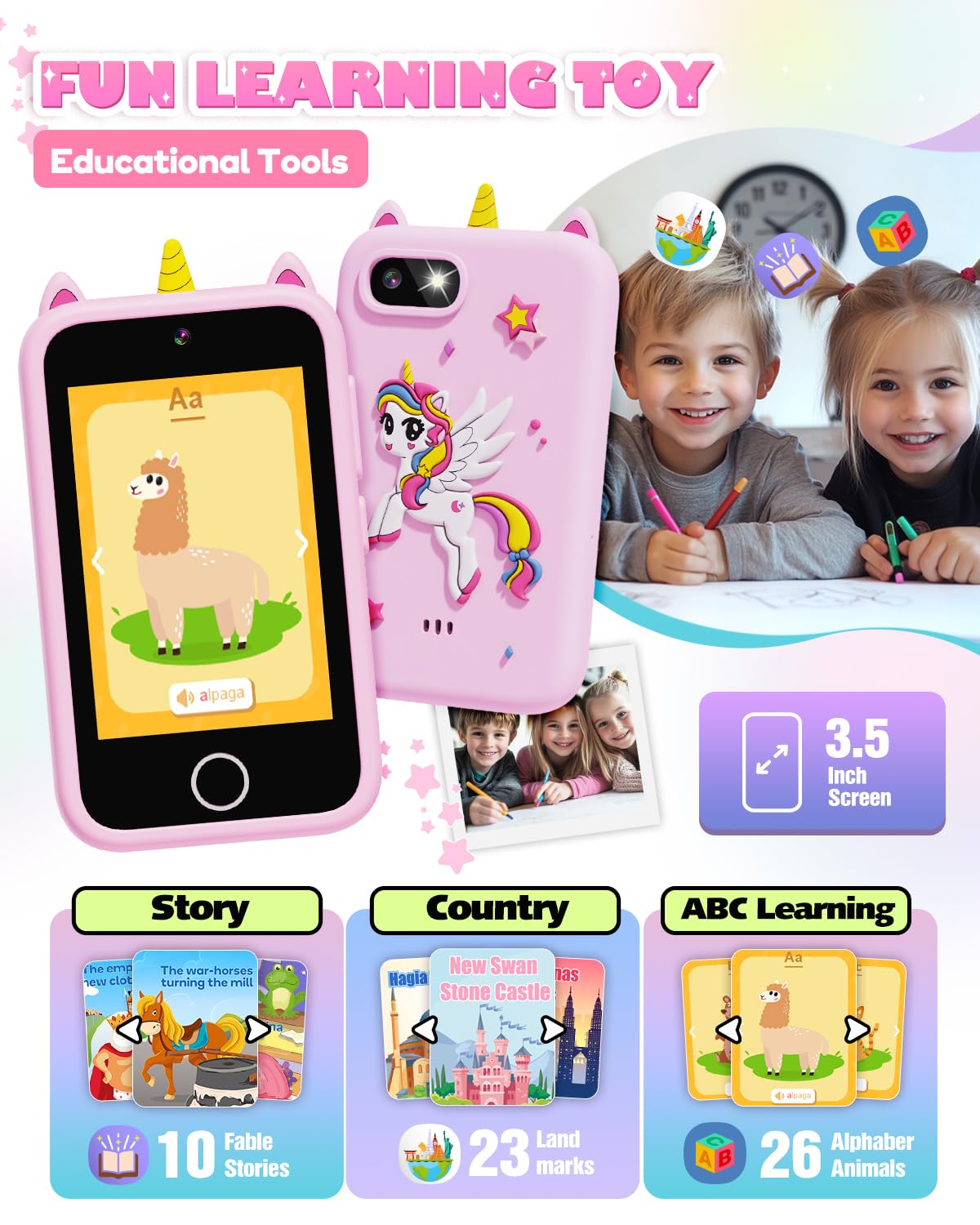 Lizzbey Kids Smart Phone 3.5-inch screen provides easy touch navigation.