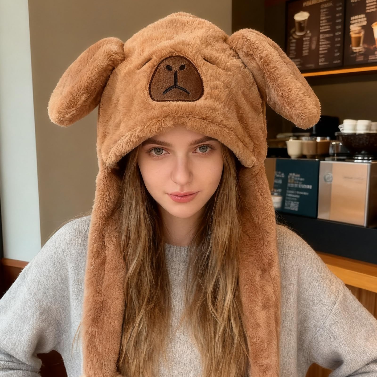 LJJINGXS Capybara hat plush material close-up highlighting soft texture.