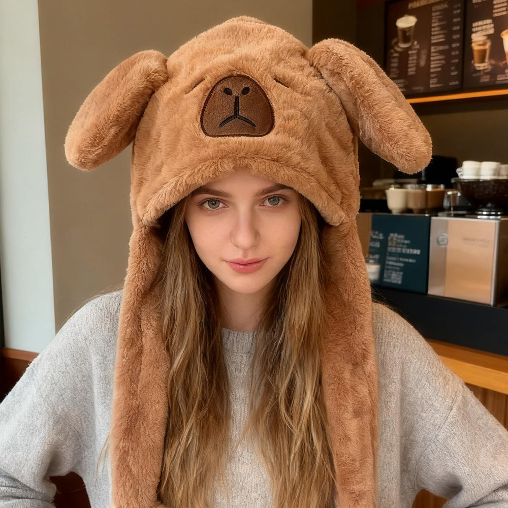 LJJINGXS Capybara hat plush material close-up highlighting soft texture.