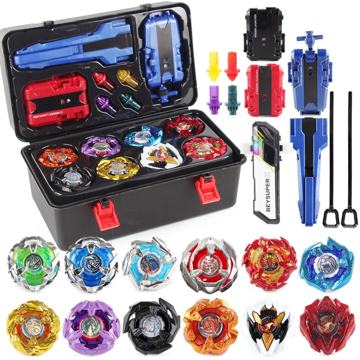 LJXTTDZS Battling Top Set storage box with 12 gyros and 3 launchers for easy transport.