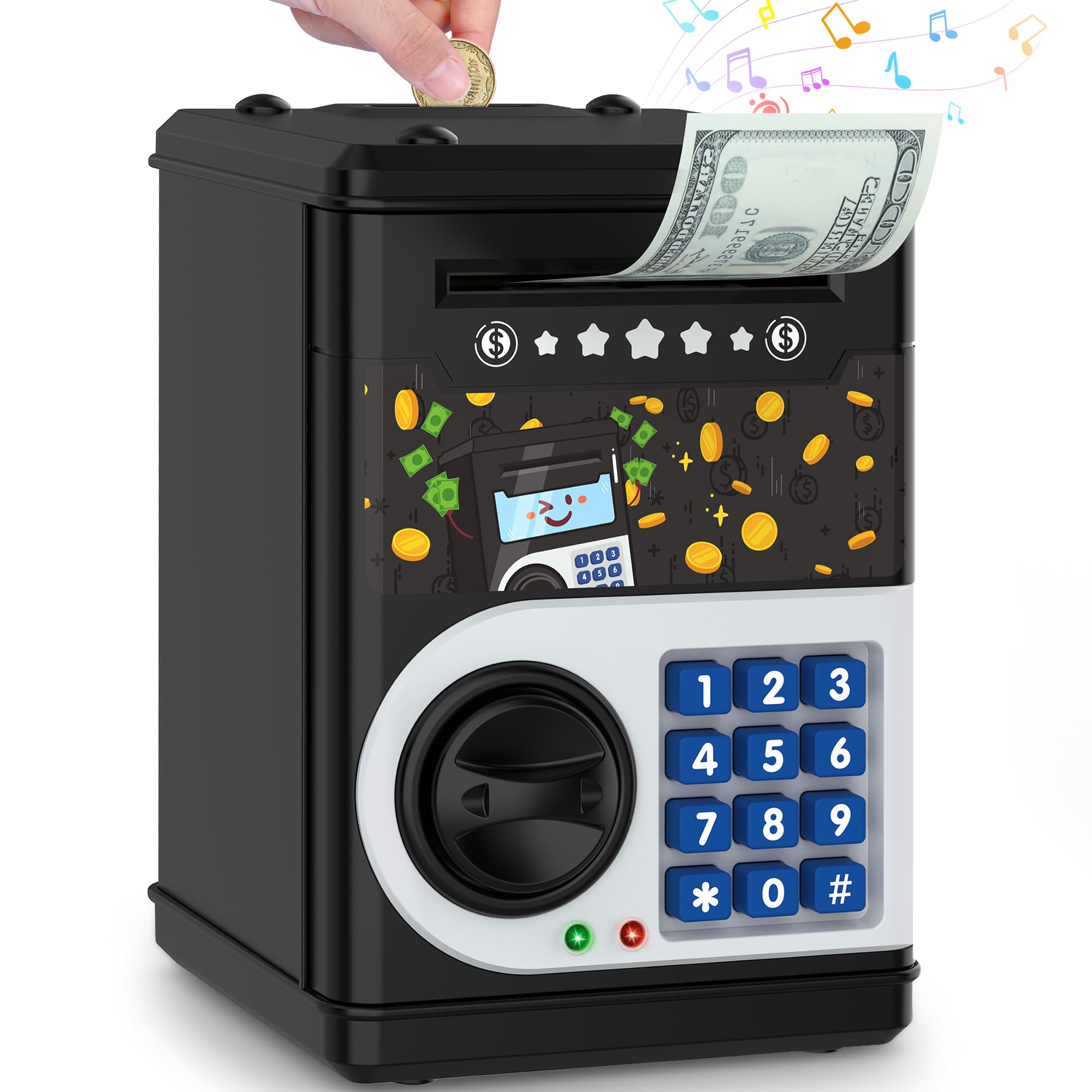 LJZJ Black Kids Piggy Bank ATM top view showing saving concept and design