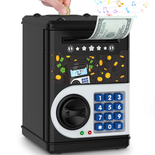 LJZJ Black Kids Piggy Bank ATM top view showing saving concept and design