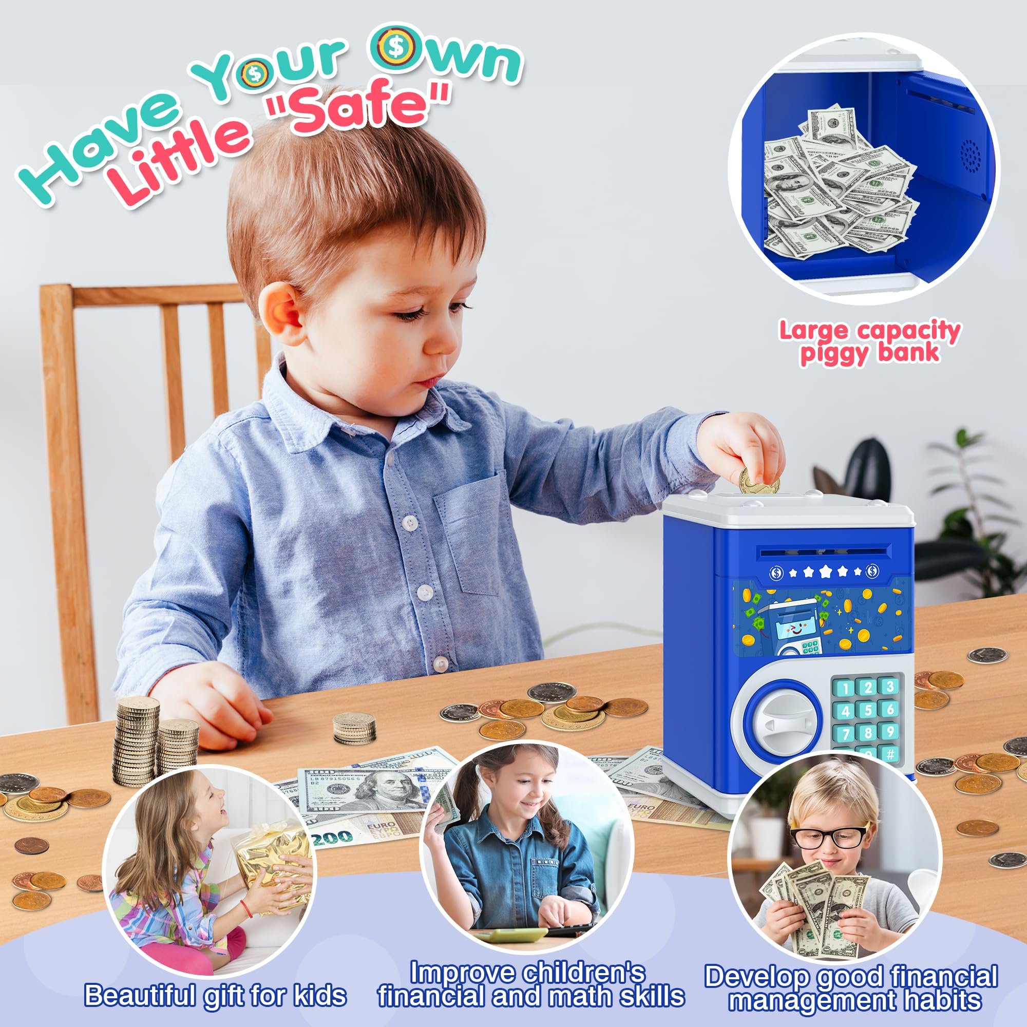 Close-up of LJZJ password lock on dark blue piggy bank for kids