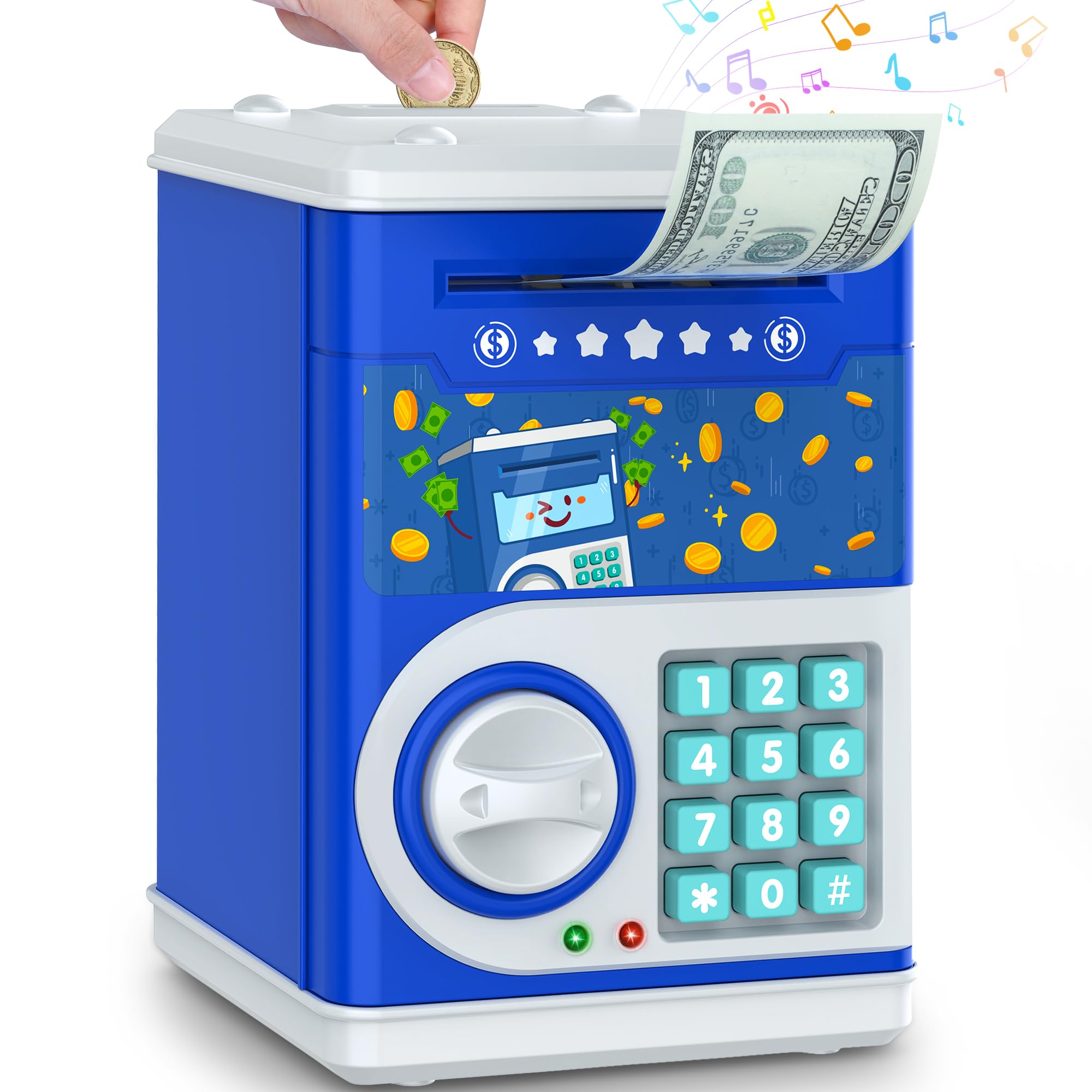 LJZJ dark blue piggy bank with password lock front view for secure saving