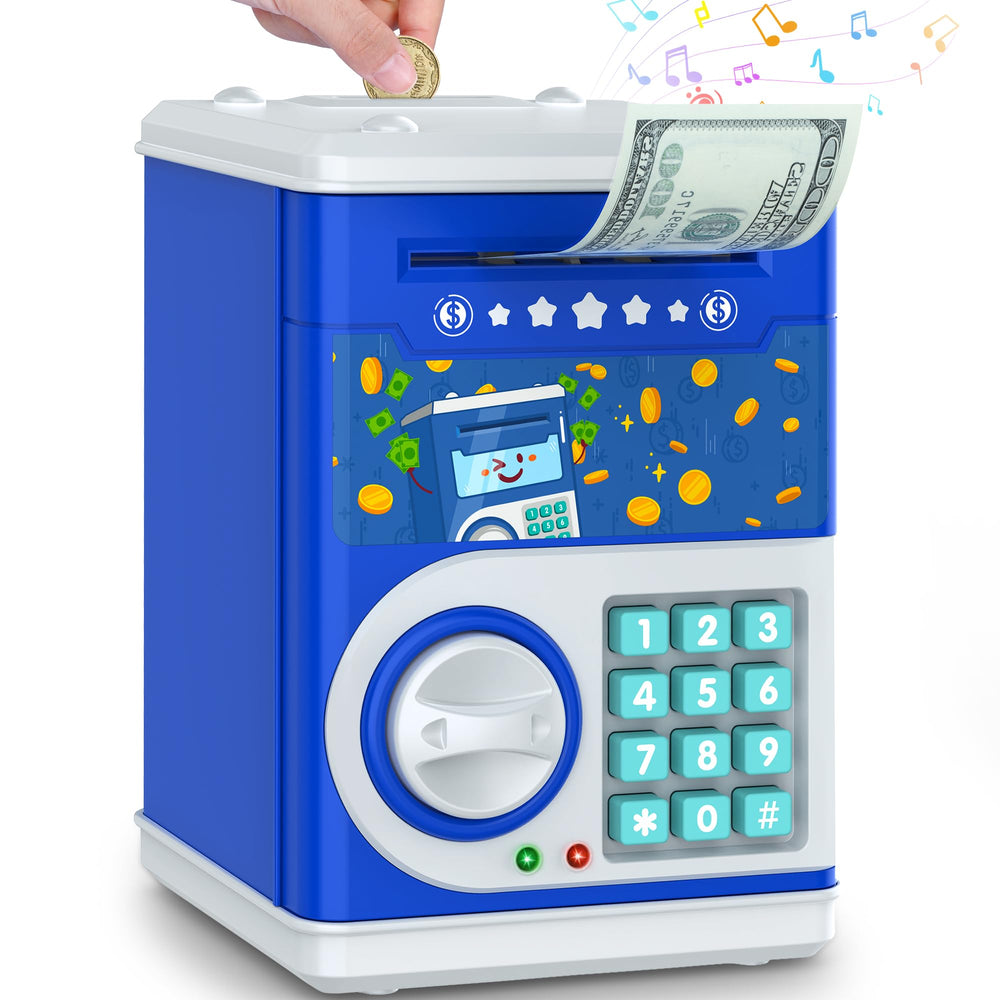 LJZJ dark blue piggy bank with password lock front view for secure saving