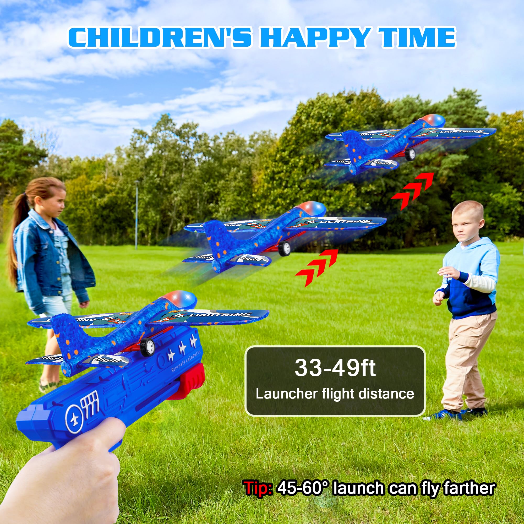 LJZJ outdoor kids play with foam gliders in a yard or park.