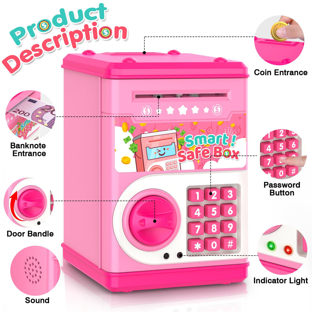 LJZJ piggy bank door glows green when unlocked; easy access for children.
