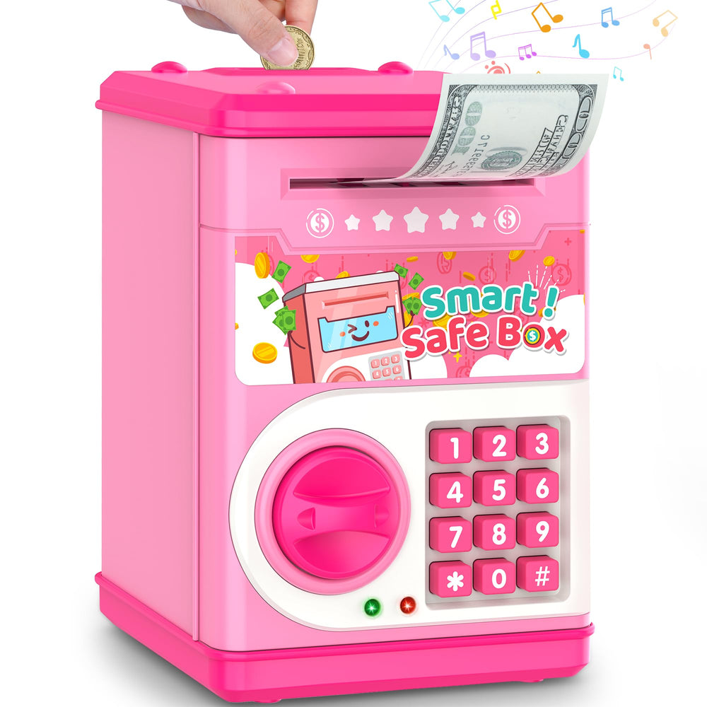 LJZJ pink piggy bank with password lock secures kids' savings.