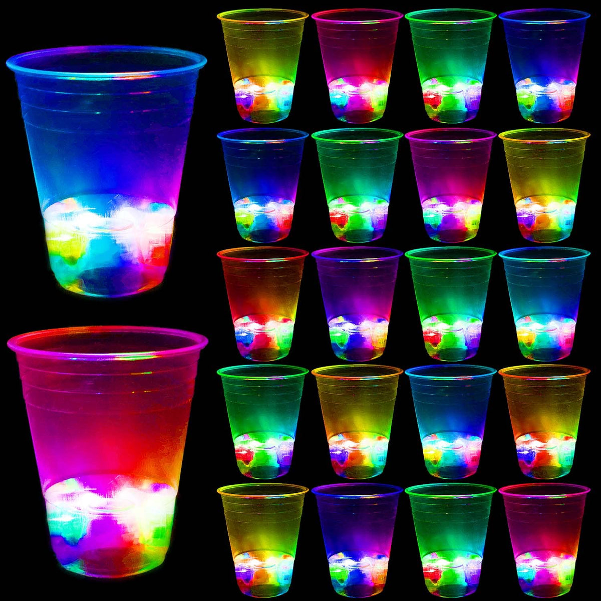 LLKMDSS glowing party cups 16oz illuminate beverages at parties and events.