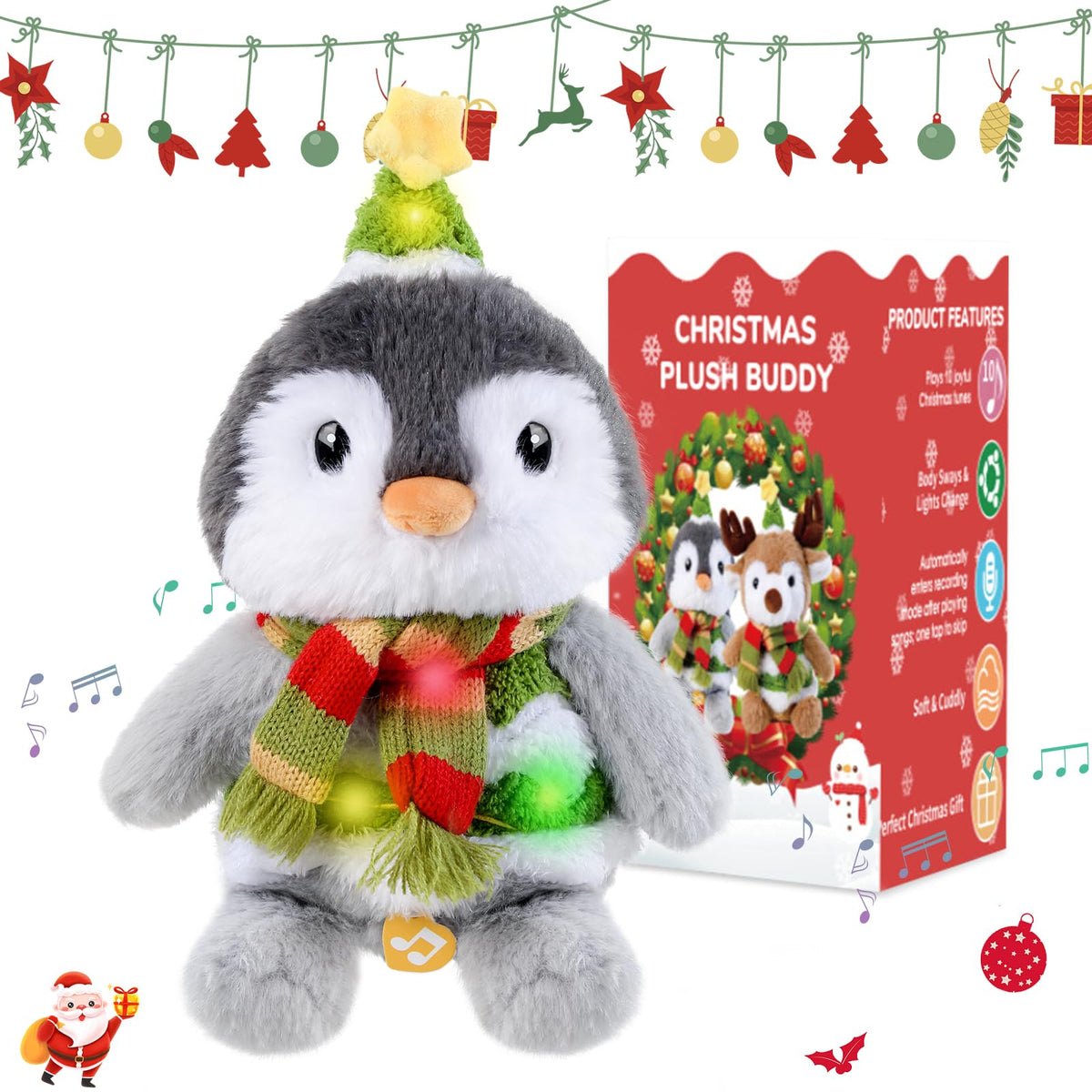 LLUKEME Christmas penguin toy lights up with music for cozy holiday ambience.