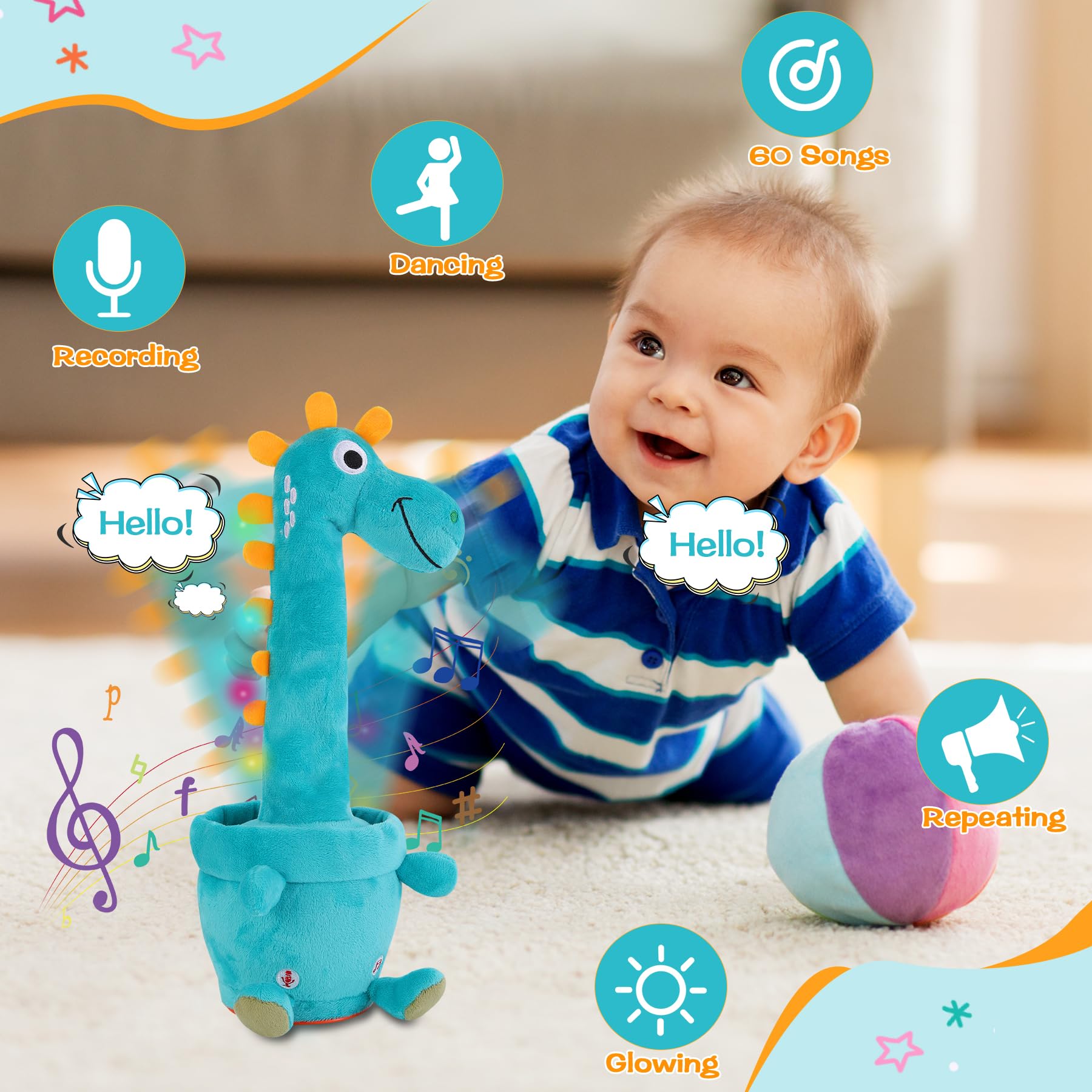 LLUKEME giraffe with LED lights glowing during music and dance routines.