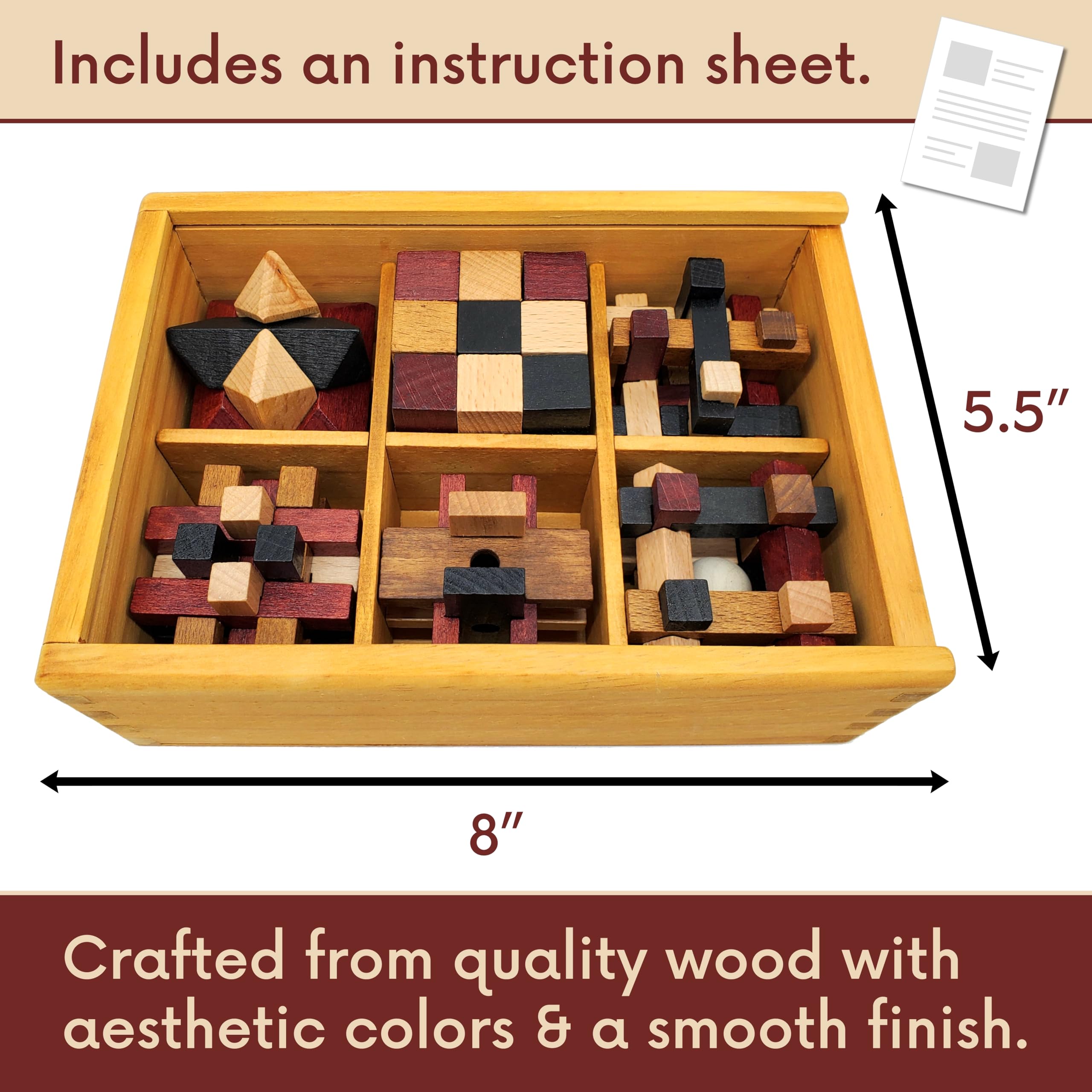 Close-up of wooden brain teaser pieces by LMC Products with intricate shapes.
