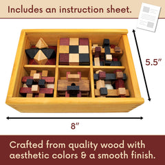 Close-up of wooden brain teaser pieces by LMC Products with intricate shapes.