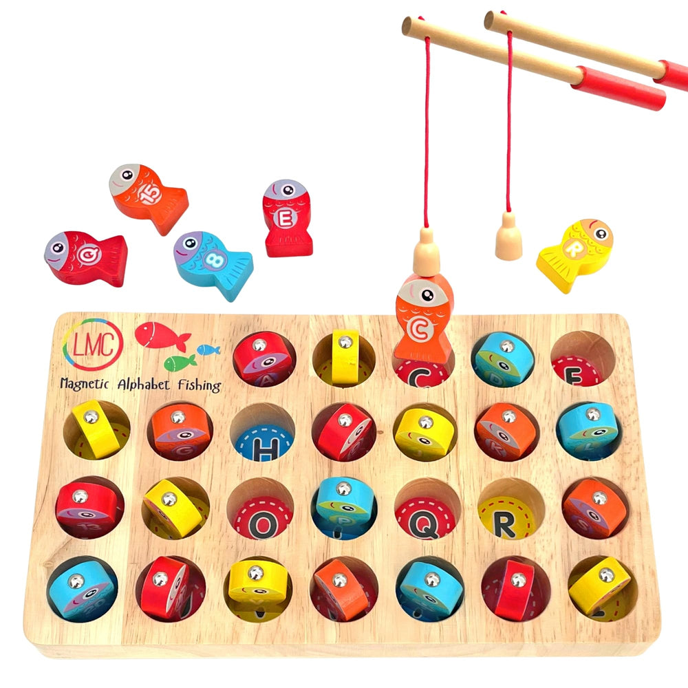 LMC Products Magnetic Alphabet Fishing Toy shows letters on fish for early literacy and motor skills.