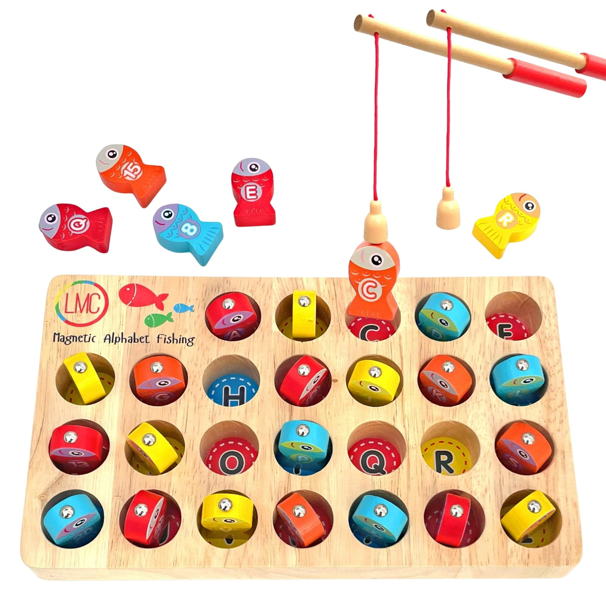 LMC Products Magnetic Alphabet Fishing Toy shows letters on fish for early literacy and motor skills.