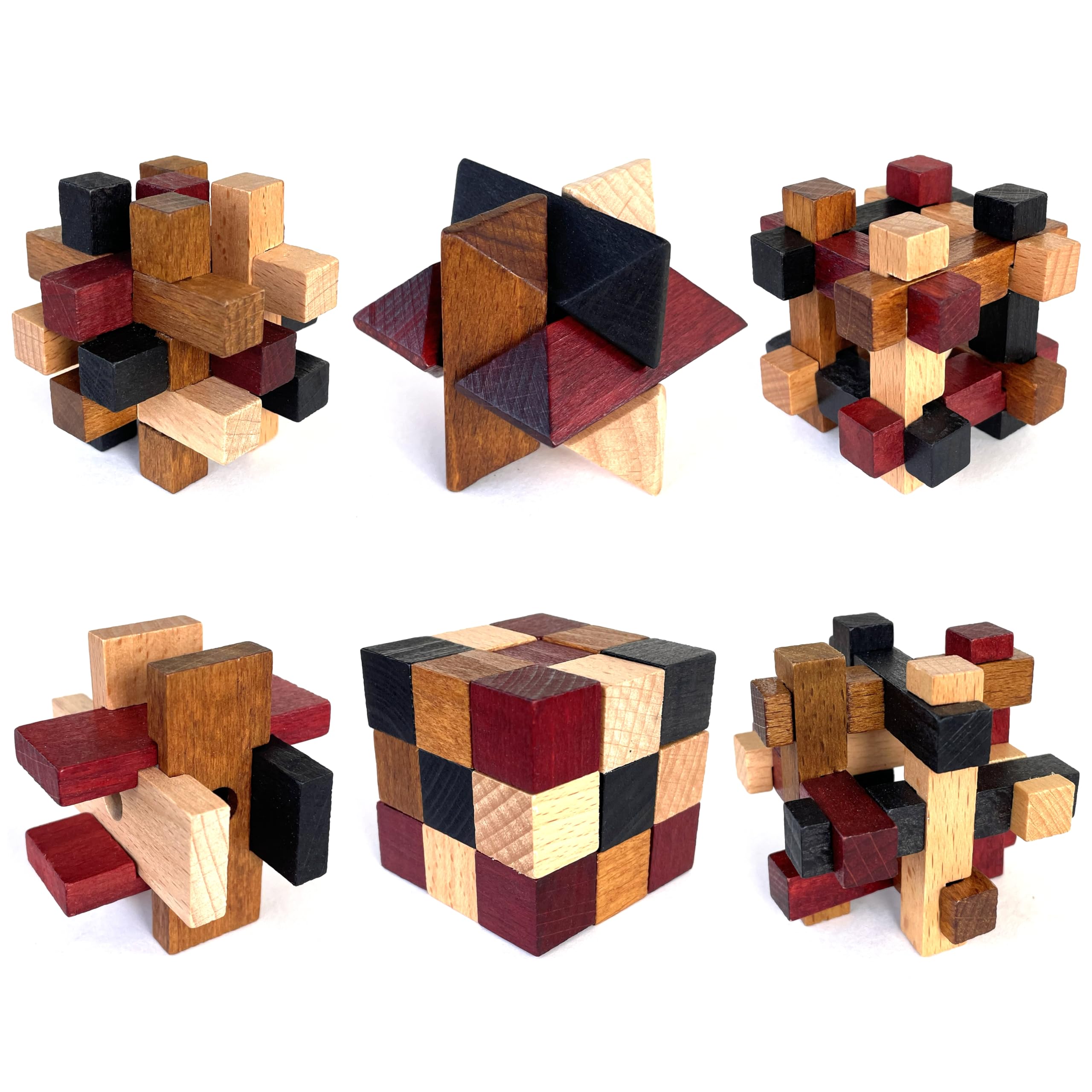 LMC Products wooden brain teasers six-pack in box for mental challenge and fun.