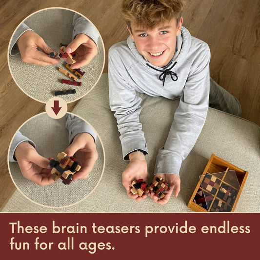 LMC Products brain teasers in stained wood box, elegant home or office display.