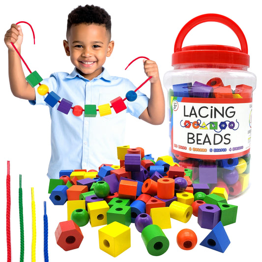 LMC Products wooden lacing beads: 125-piece set for colorful stringing and patterns.