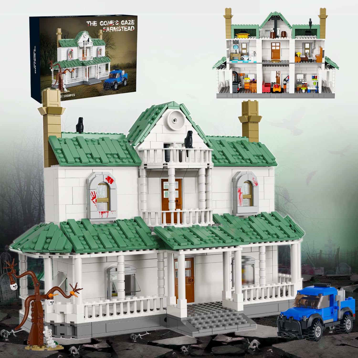 LNJFXB Halloween Haunted House Building Kit front view for striking display and storytelling.