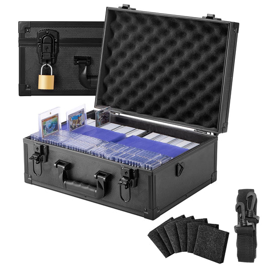LOCKCURX trading card storage box front view showing sturdy aluminum frame and secure design