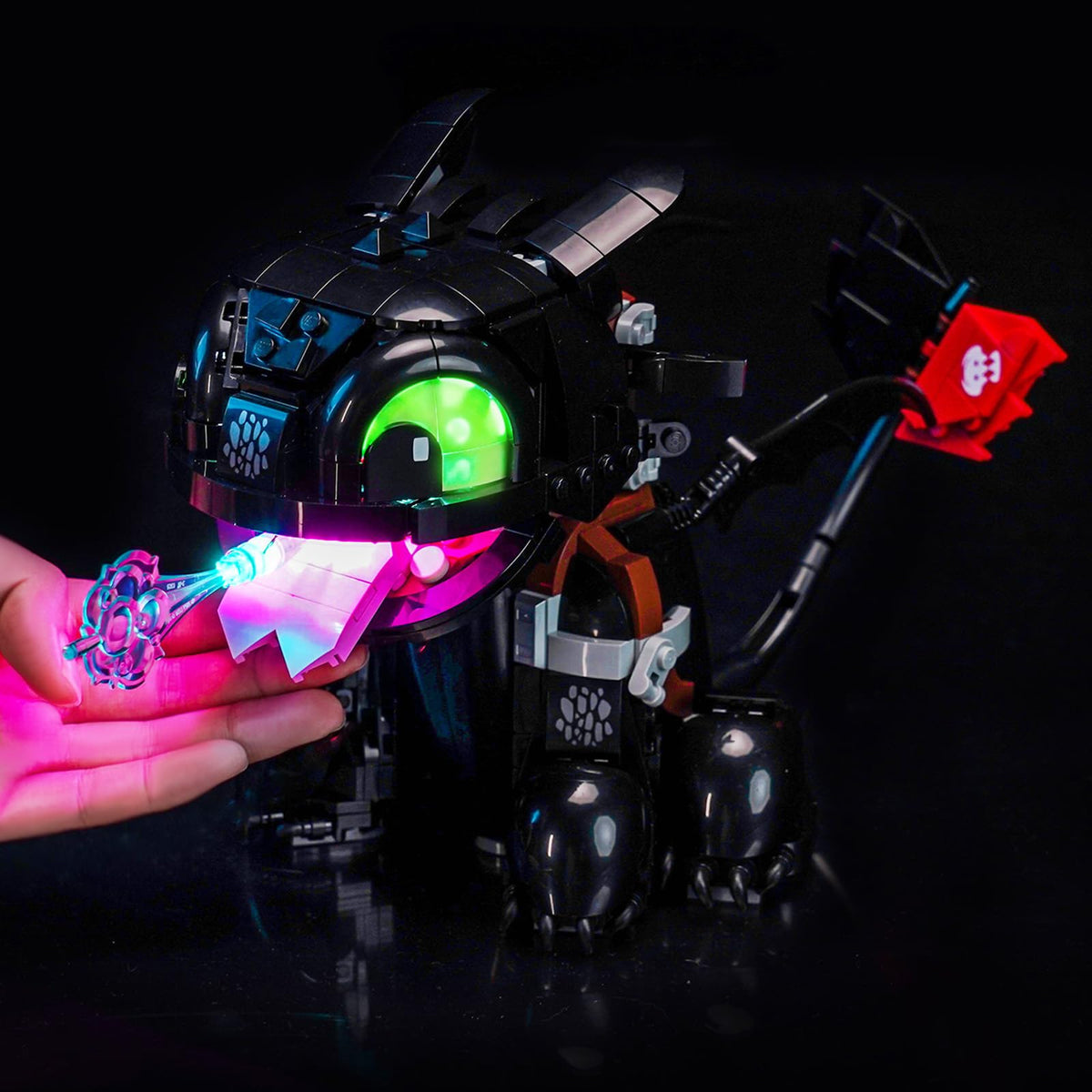 LocoLee Toothless Light Kit front view with glowing LEDs for dramatic display