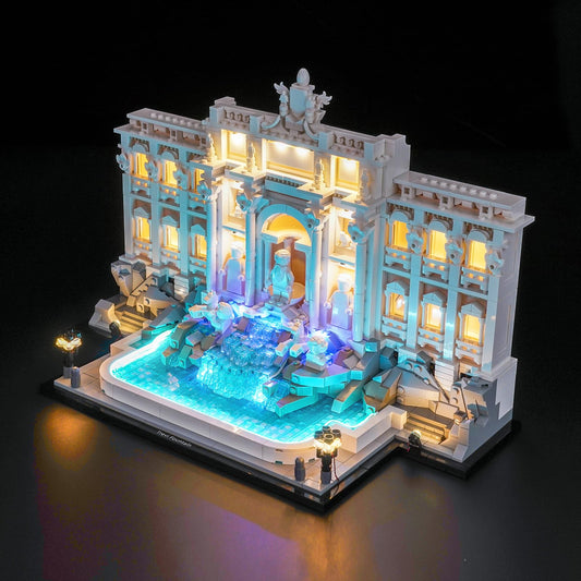 LocoLee Trevi Fountain light kit closeup highlighting copper wiring for precise LEGO illumination.