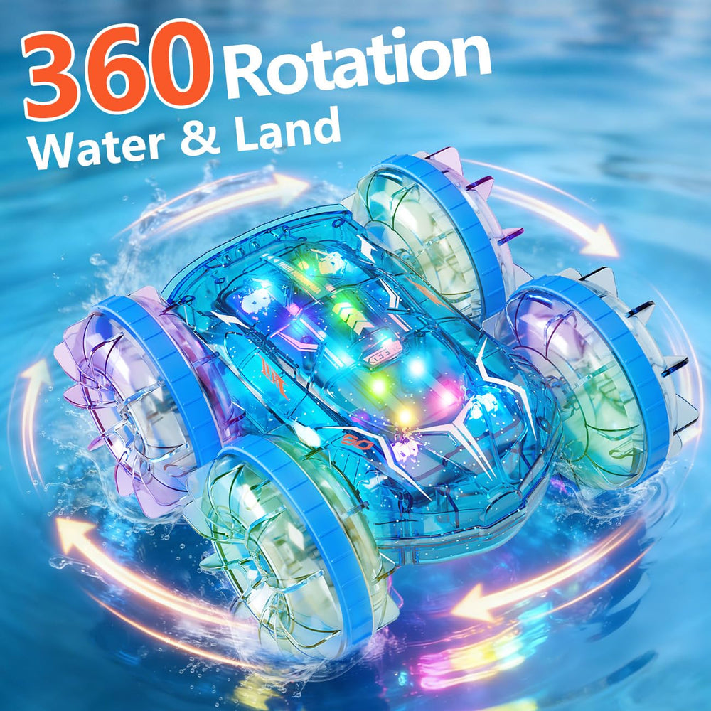 LODBY Amphibious RC Car delivers 4WD traction for turns on land and water.