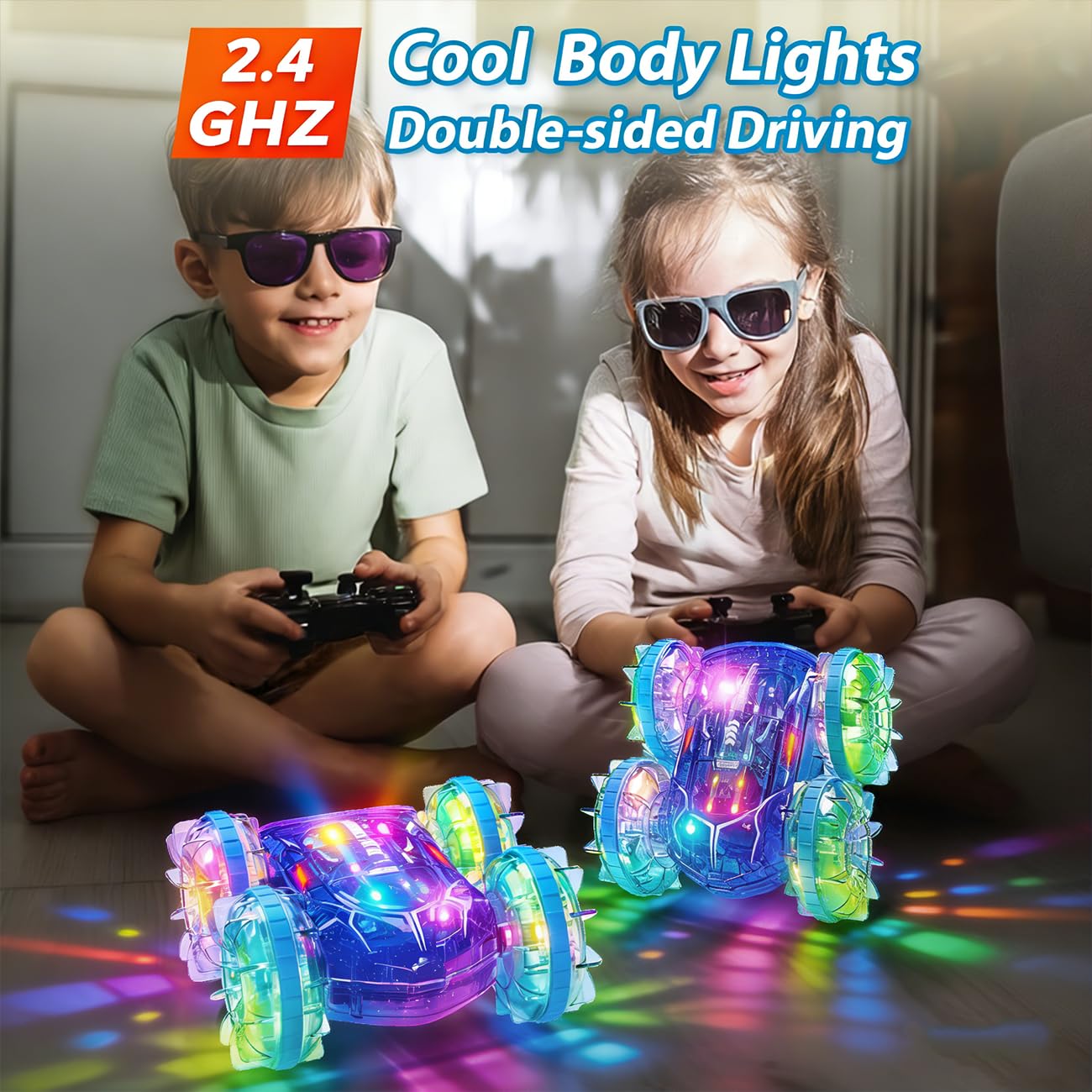 LODBY Amphibious RC Car with LED lights for day and night play.