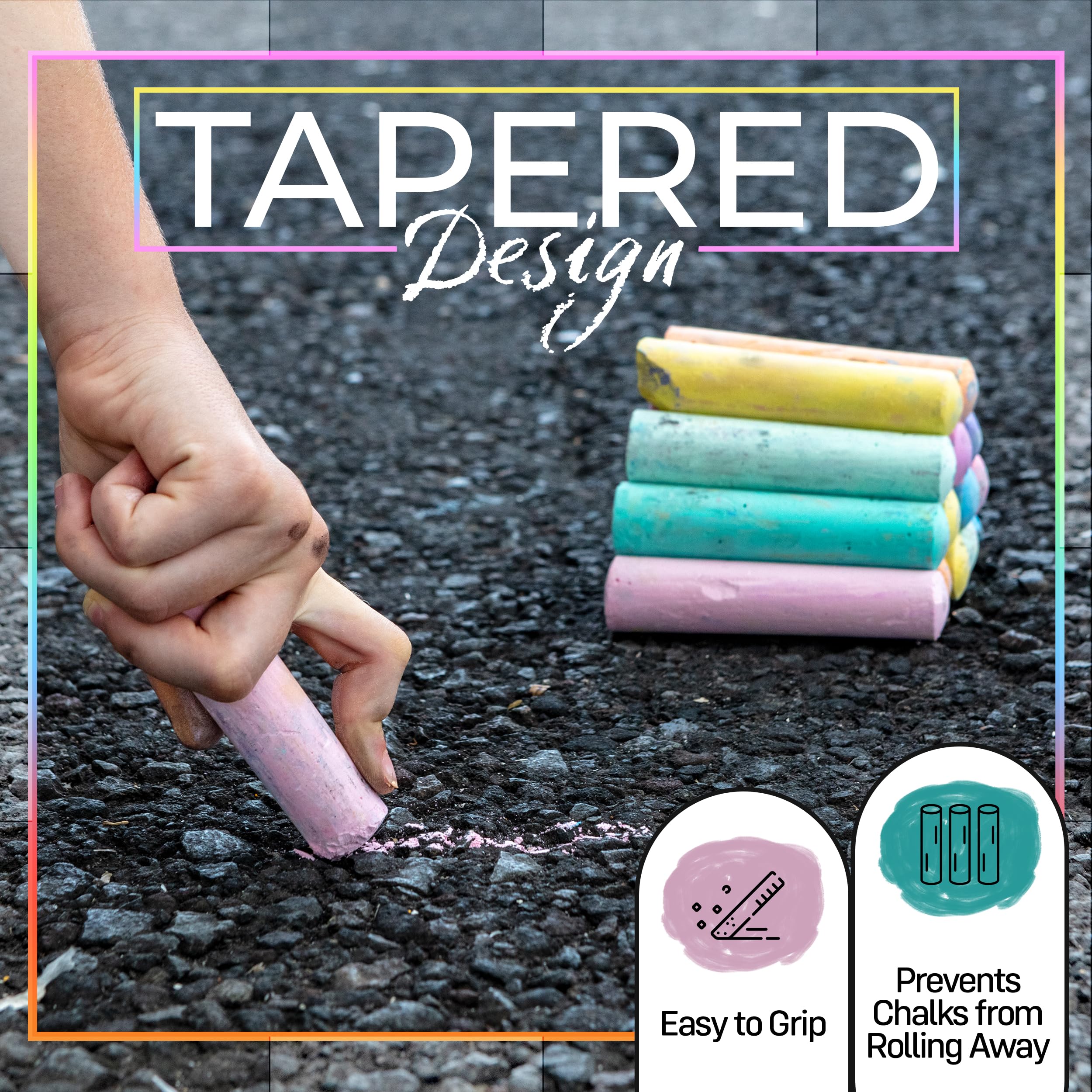 Loddie Doddie easy-grip chalk sticks prevent rolling, helping toddlers draw confidently outdoors.