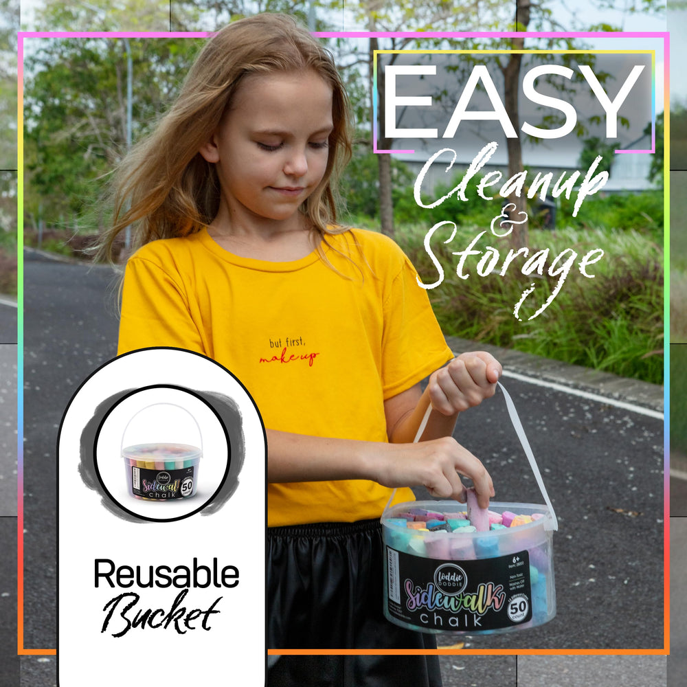 Loddie Doddie reusable bucket keeps chalk organized for on-the-go outdoor art sessions.