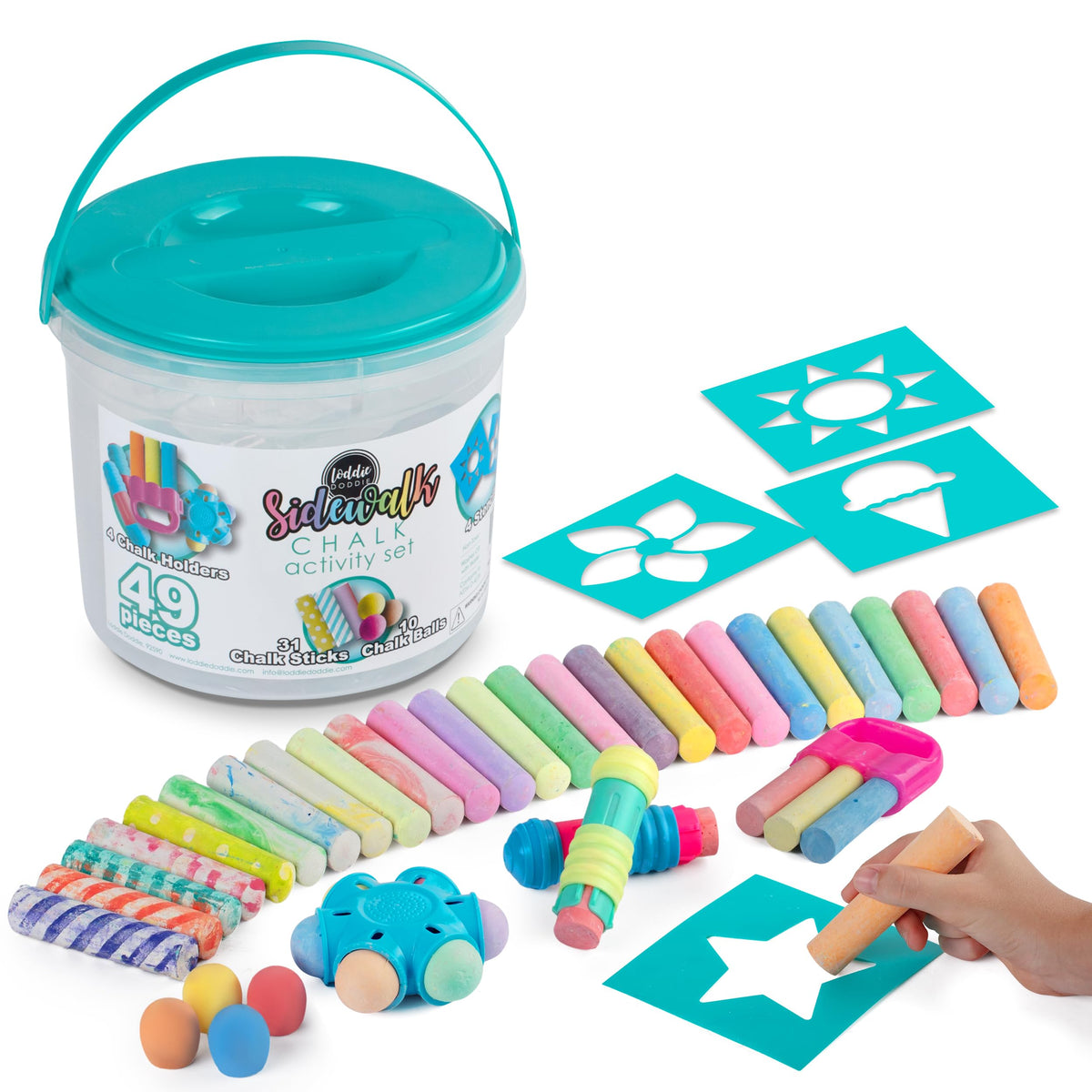 Loddie Doddie sidewalk chalk bucket with 49 pieces for outdoor art adventures.