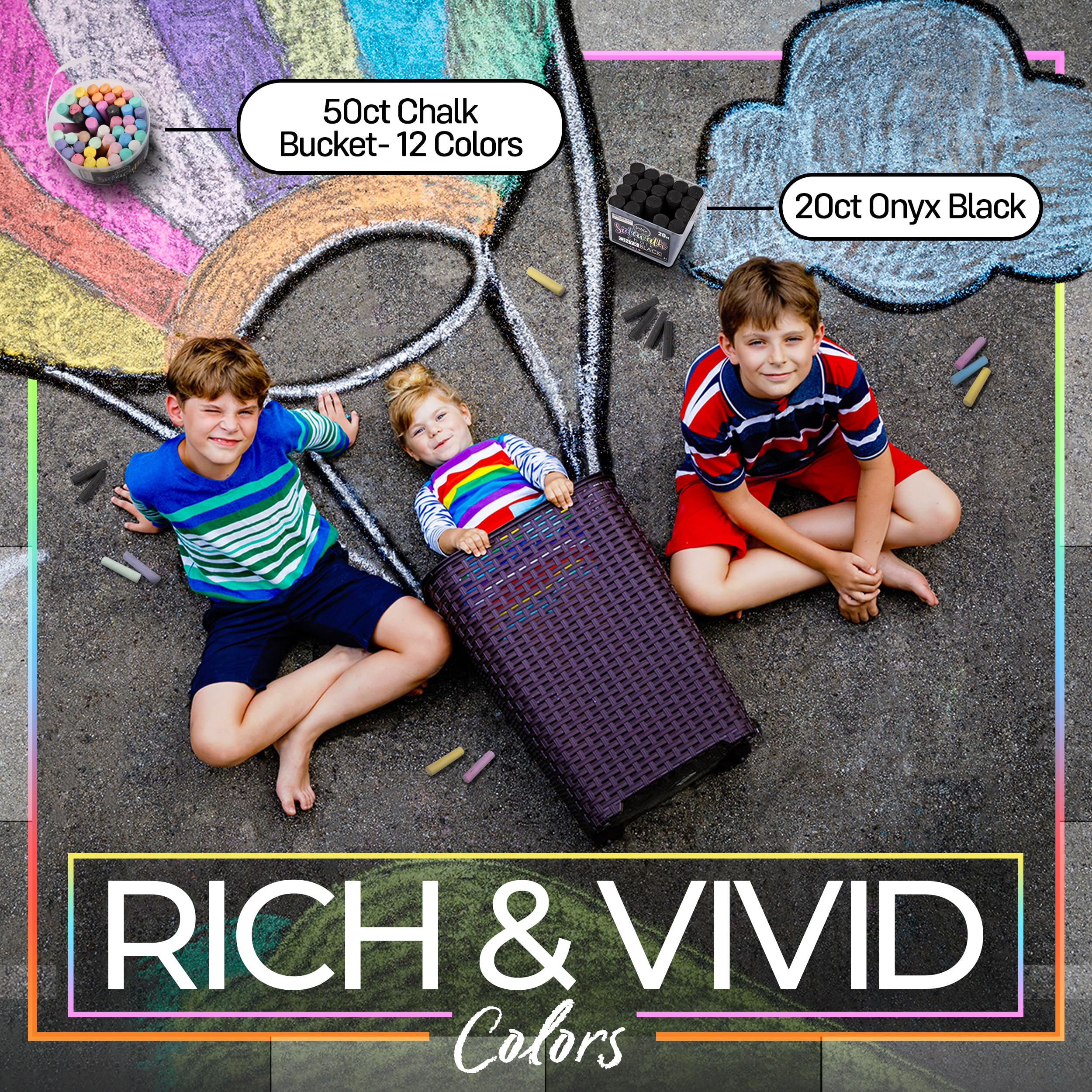 Loddie Doddie vibrant colors on pavement invite kids to experiment with textures and scenes.