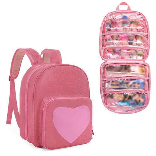 LoDrid pink carrying backpack with six clear pockets for easy doll viewing.