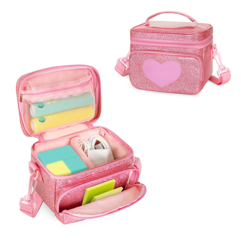 LoDrid carrying case top view for Nex Playground, pink exterior, organized space