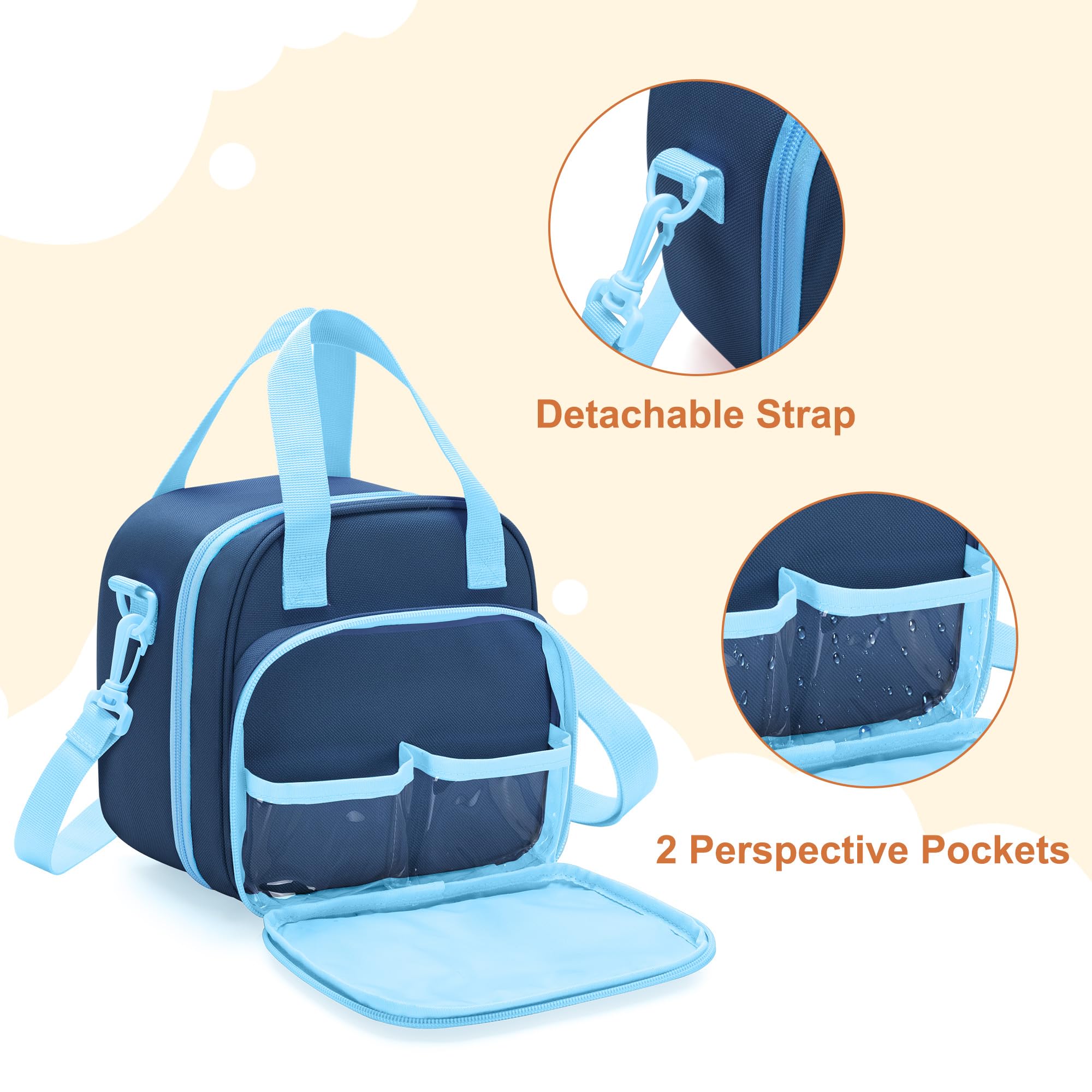 Front pocket with dual PVC compartments for charger and small items