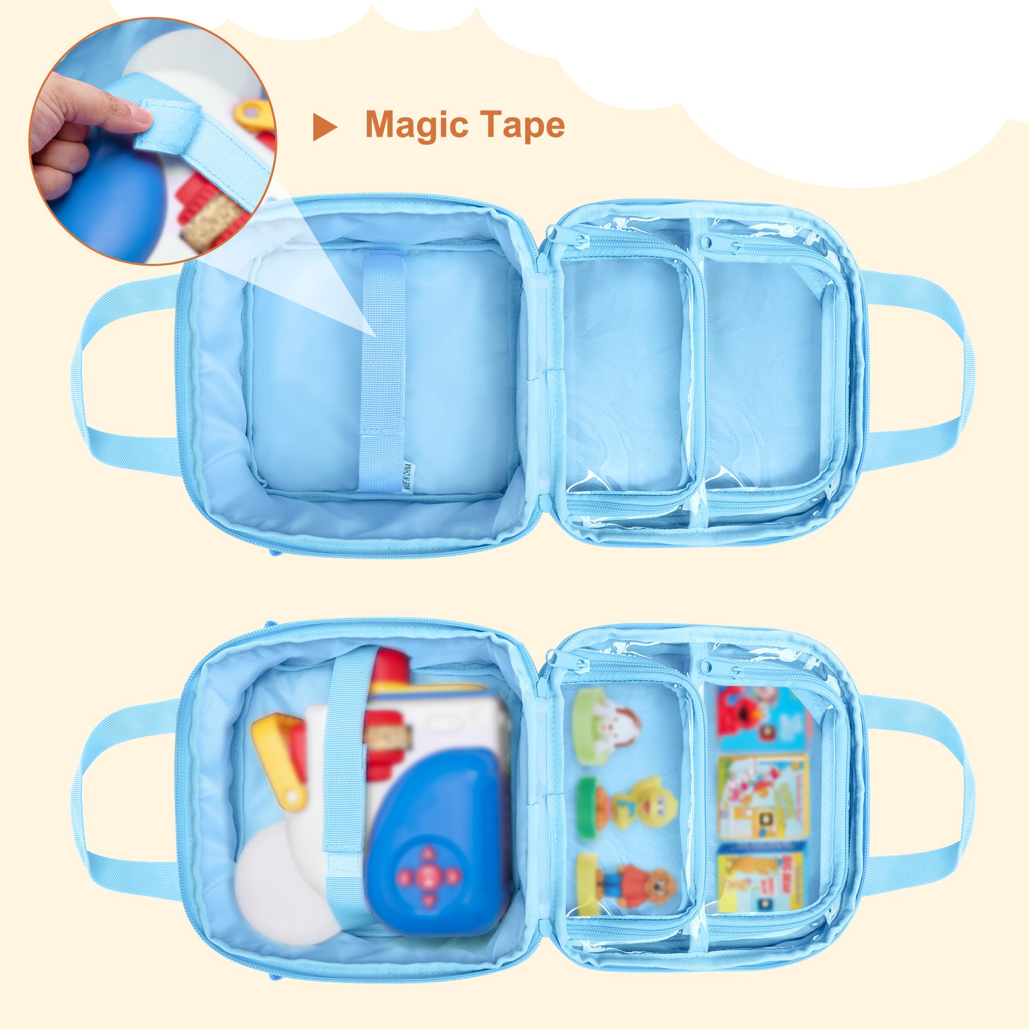 Interior view showing clear PVC pockets for organized books and accessories